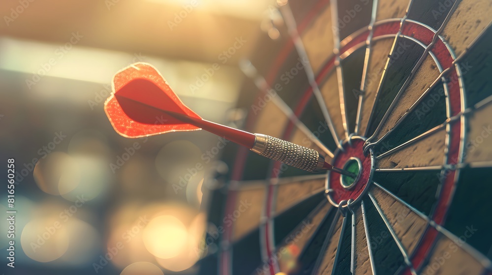 Poster bullseye target or dart board has red dart arrow throw hitting the center of a shooting for business