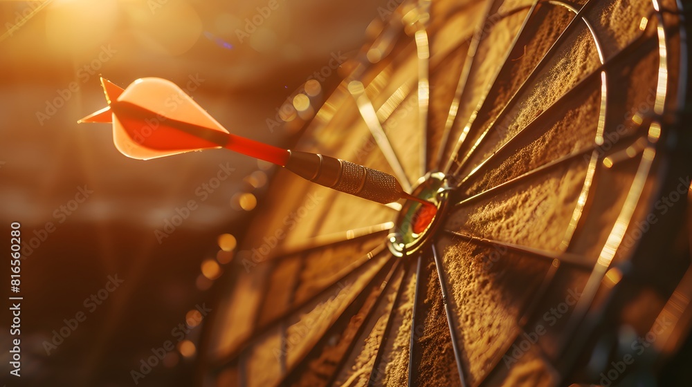 Poster bullseye target or dart board has red dart arrow throw hitting the center of a shooting for business
