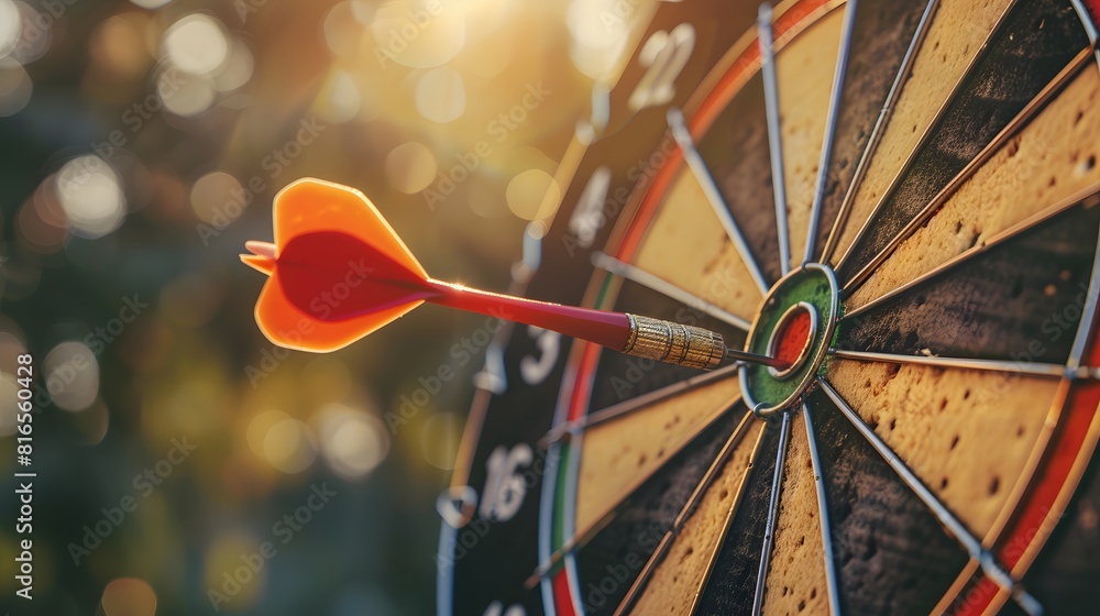 Poster bullseye target or dart board has red dart arrow throw hitting the center of a shooting for business