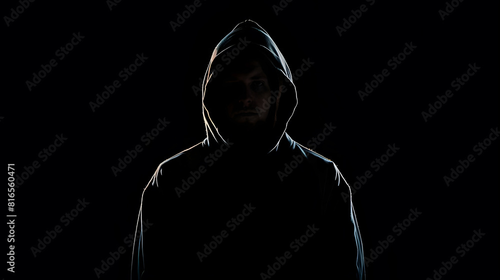 Poster mysterious man wit hoodie in silhouette isolated on black background : generative ai