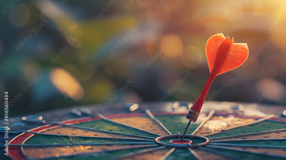 Poster bullseye target or dart board has red dart arrow throw hitting the center of a shooting for business