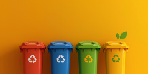 Colorful recycling bins in a row on a yellow wall background, eco-friendly and ecology concept. Containers for recycle of paper, plastic, cans, metal and glass. 