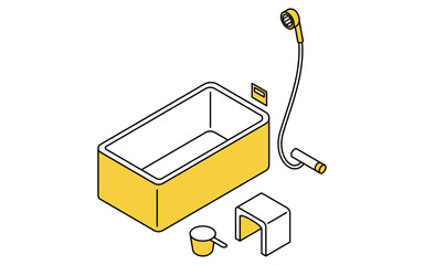 浴室：浴槽・シャワー・椅子と手桶、アイソメトリックイラスト