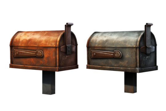 Dancing Partners: Two Cheerful Mail Boxes on White or PNG Transparent Background.