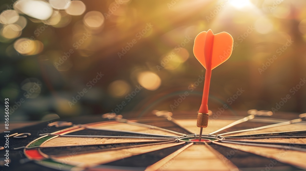Poster bullseye target or dart board has red dart arrow throw hitting the center of a shooting for business