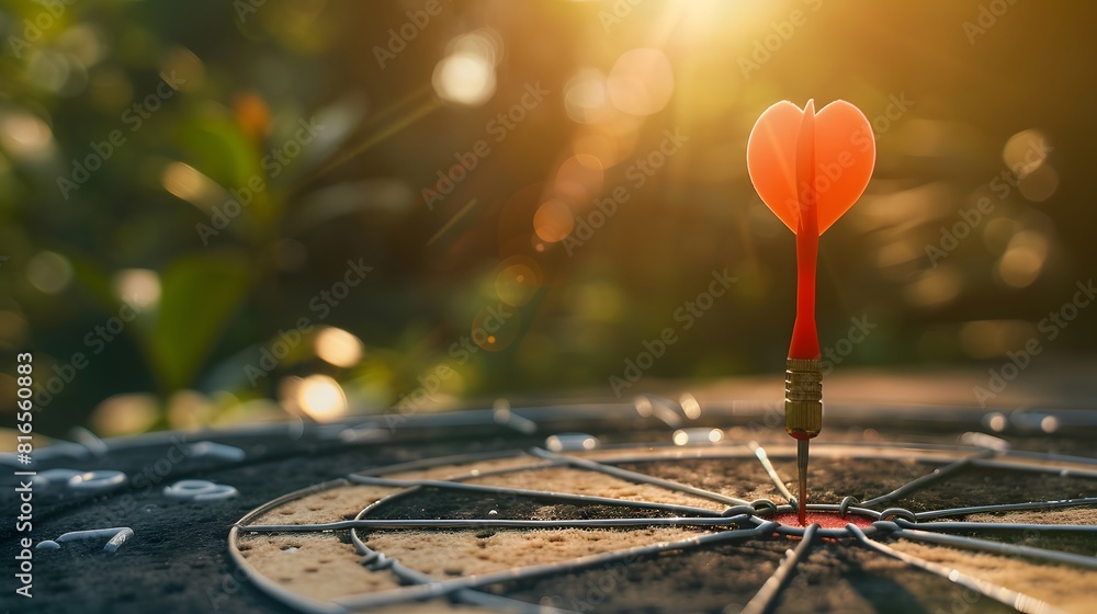 Poster bullseye target or dart board has red dart arrow throw hitting the center of a shooting for business