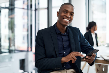 Black man, portrait and trading with phone at office for investment or corporate finance. African,...
