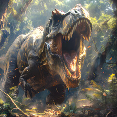 Ferocious T-Rex roaring in a prehistoric jungle