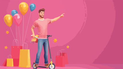 Happy young man with kick scooter balloons and shopping