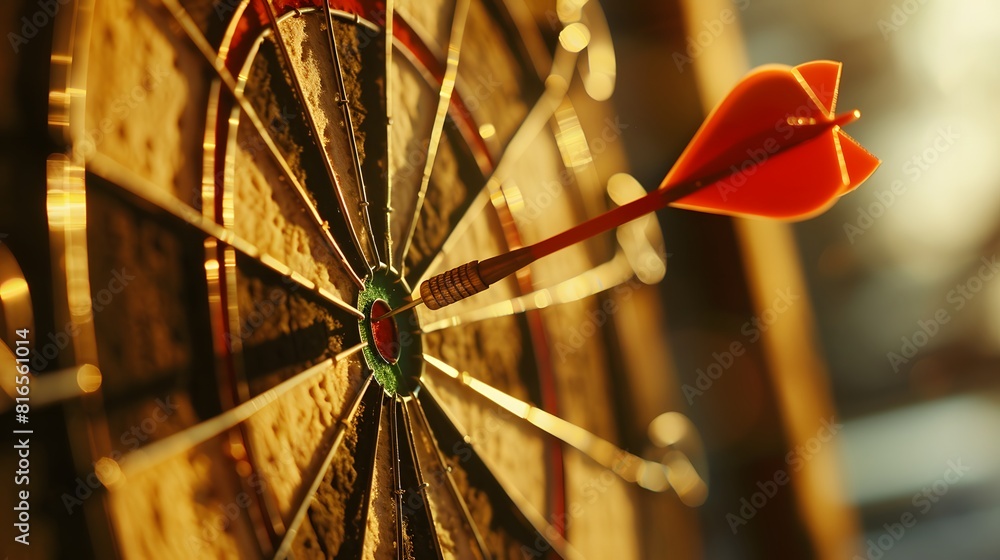 Poster bullseye target or dart board has red dart arrow throw hitting the center of a shooting for business