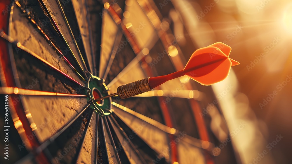 Poster bullseye target or dart board has red dart arrow throw hitting the center of a shooting for business