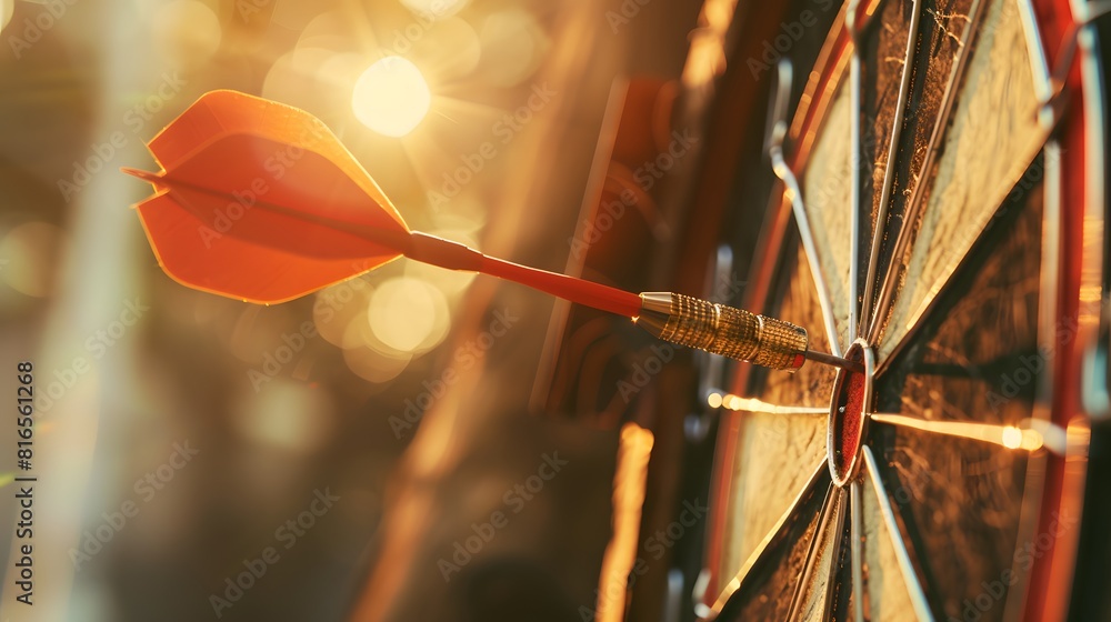 Poster bullseye target or dart board has red dart arrow throw hitting the center of a shooting for business