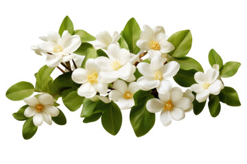 Fototapeta premium Jasmine flower cluster with green leaves, white botanical blossom arrangement, fragrant floral design element for wedding and spa isolated on Transparent Background
