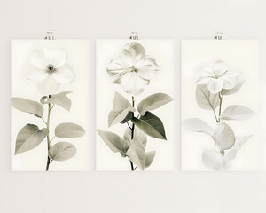 three prints of white and gray flowers with leaves hanging on the wall, in the style of nostalgic minimalism, light green and light beige, natural scenery, organic material, 