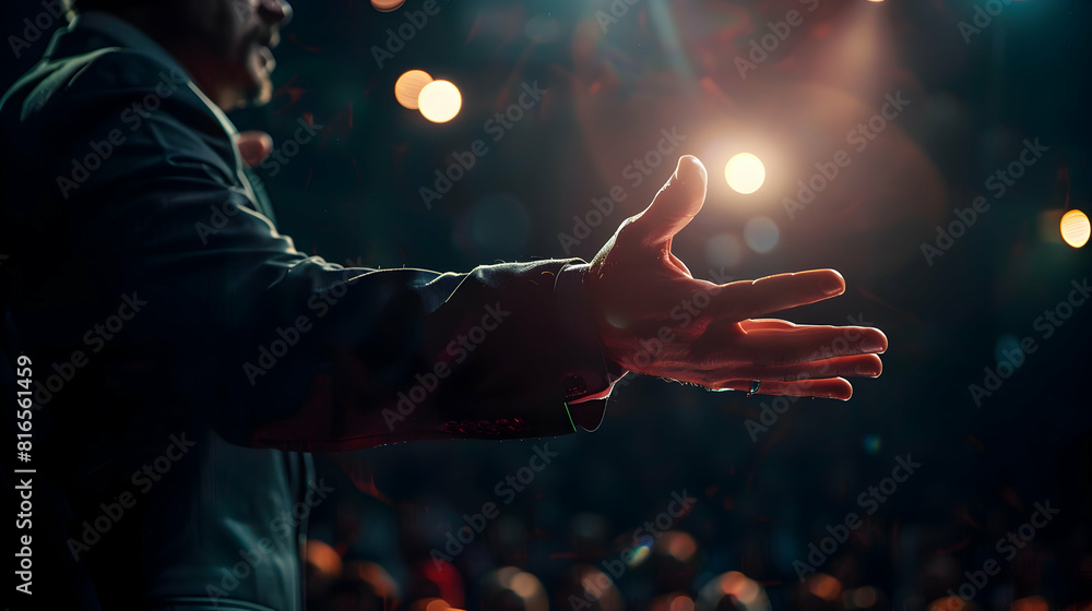 Poster motivational speaker engaging audience with dynamic hand movements positive body language and effect