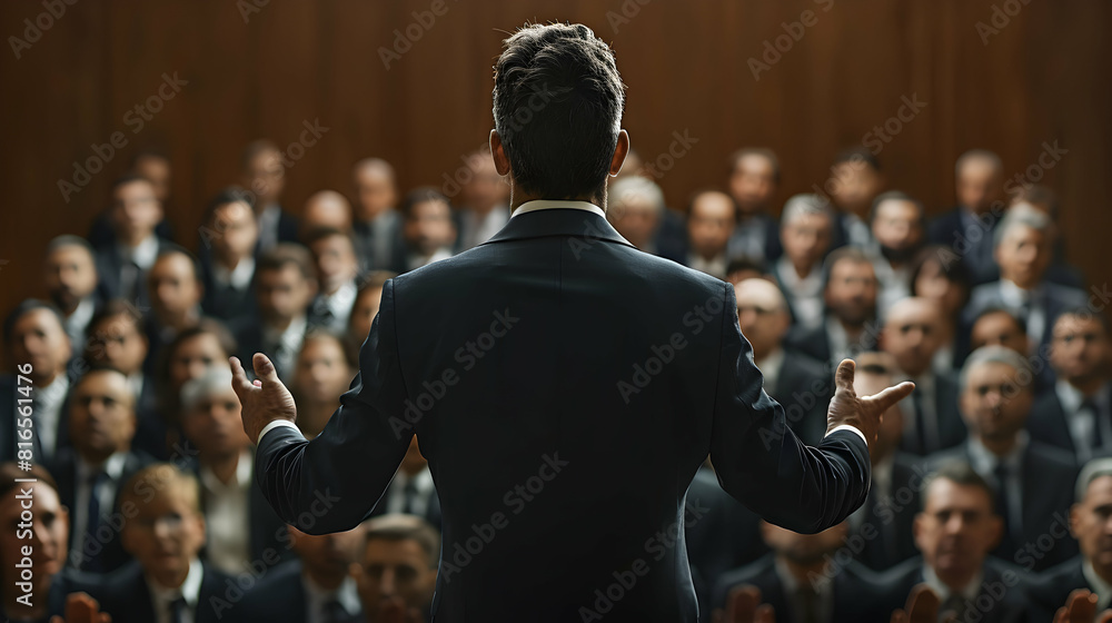 Poster engaging motivational speaker: captivating with dynamic hand movements positive body language in eve