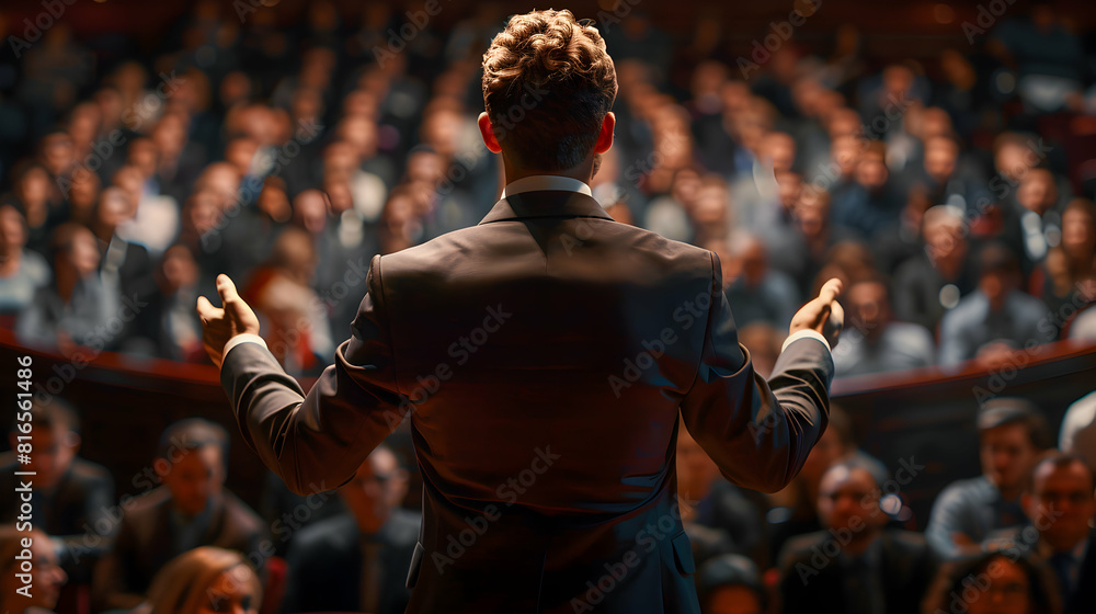Poster dynamic motivational speaker inspiring a crowd with positive body language and powerful public speak