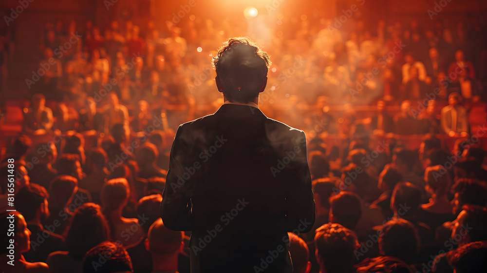 Poster dynamic motivational speaker inspiring with powerful body language and enthusiasm in event setting p