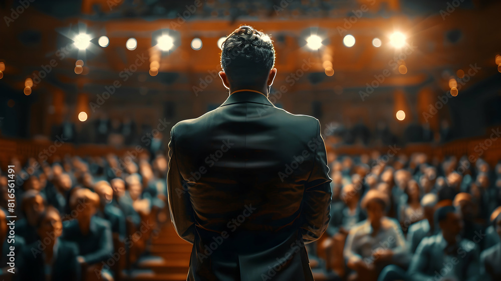 Poster dynamic motivational speaker inspiring crowds with powerful body language and positive enthusiasm in