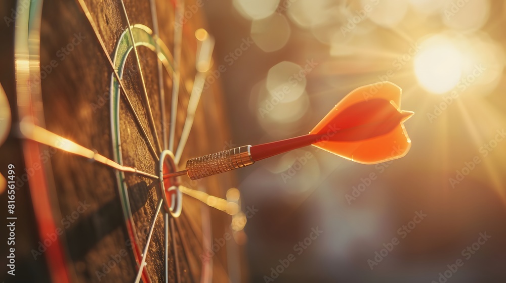 Poster bullseye target or dart board has red dart arrow throw hitting the center of a shooting for business