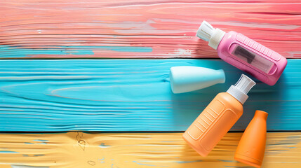 Composition with inhaler on color wooden background --