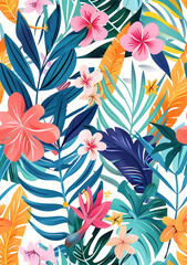 Tropical plants and flowers flat illustration seamless pattern,Clear strokesi?OErealistici?OEin the style of spring coloursi?OEwhimsical illustration