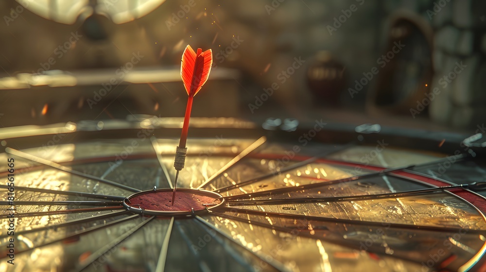 Poster bullseye target or dart board has red dart arrow throw hitting the center of a shooting for business