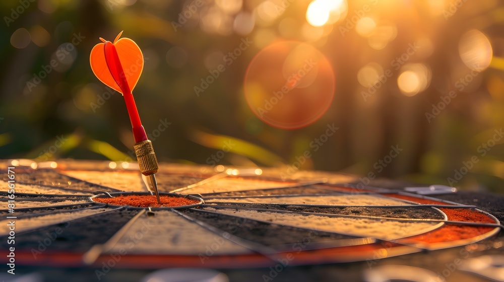 Poster bullseye target or dart board has red dart arrow throw hitting the center of a shooting for business