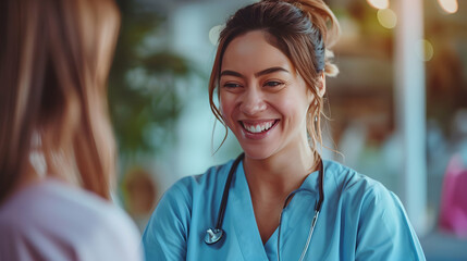 Empathetic Nurse Reassuring Patient s Family with Positive Gestures in Healthcare Setting: Body Language and Effective Communication Concept