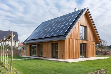 House with a solar system on the roof. Modern eco-friendly passive house with landscaped yard....
