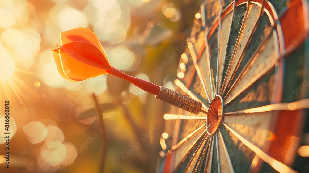 Poster bullseye target or dart board has red dart arrow throw hitting the center of a shooting for business