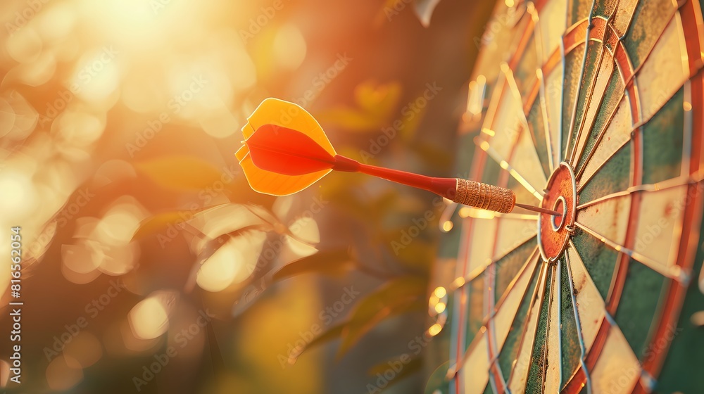 Poster bullseye target or dart board has red dart arrow throw hitting the center of a shooting for business