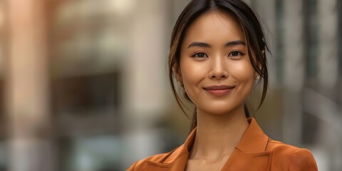 Smiling Asian woman in the city: Close-up portrait. Concept Portrait Photography, Smiling Woman, Asian, Cityscape, Close-Up Portrait