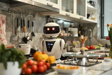  Waitress robot assistant with pizza in cafe