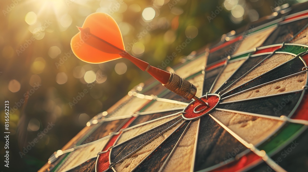Poster bullseye target or dart board has red dart arrow throw hitting the center of a shooting for business