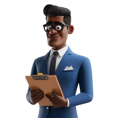 3d Illustration of black business man holding clipboard with smile face. Wearing professional business suit and eyeglasses. Isolated on transparent background