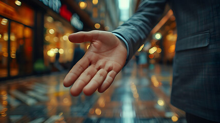 Photo realistic concept of a salesperson using welcoming body language to greet customers, emphasizing positive body language, approachability, and effective sales techniques in a 