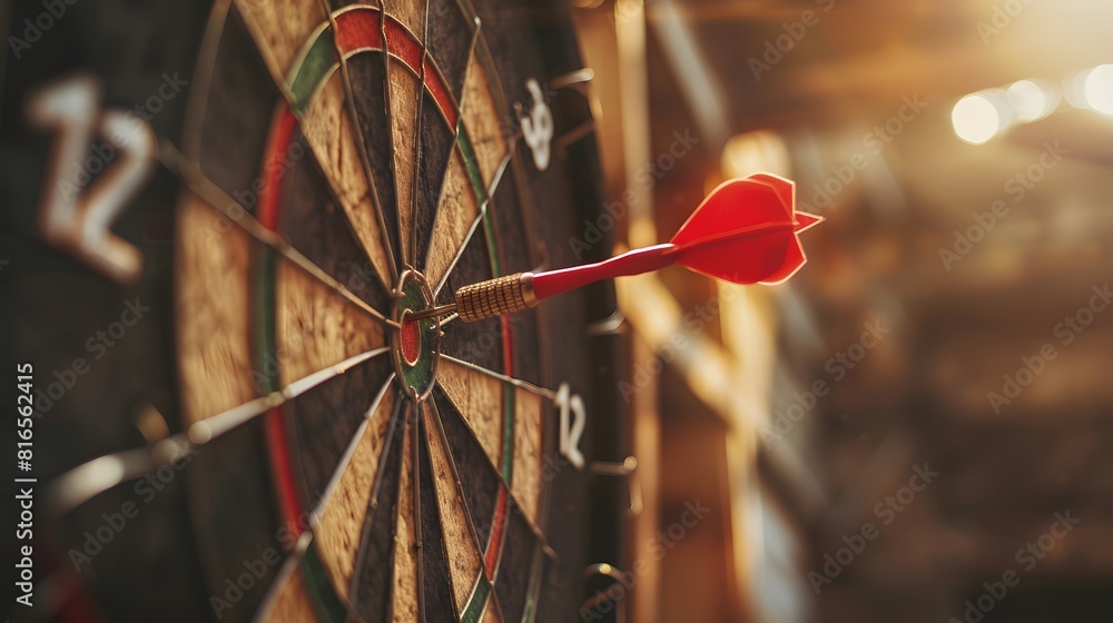 Poster bullseye target or dart board has red dart arrow throw hitting the center of a shooting for business