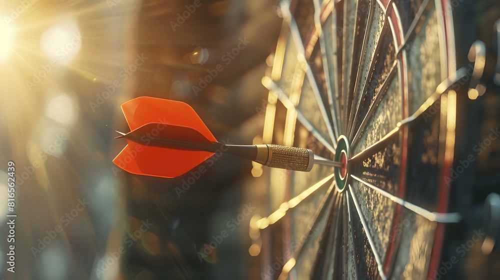Poster bullseye target or dart board has red dart arrow throw hitting the center of a shooting for business