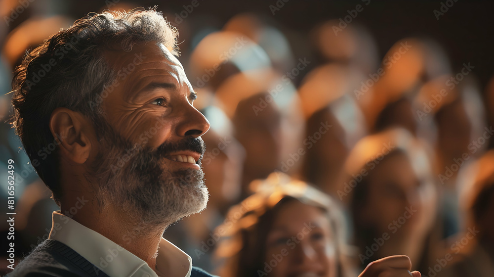 Poster dynamic speaker demonstrating positive body language and effective communication during a workshop i