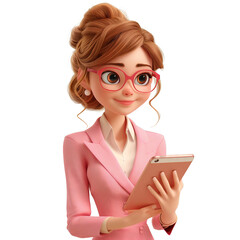 3d Illustration of business woman holding tablet. Wearing professional business suit and eyeglasses. Isolated on transparent background