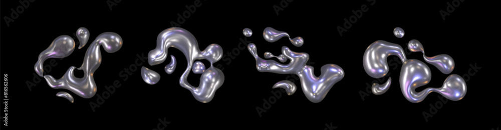 Poster 3d metal chrome liquid y2k shape object vector. isolated hologram mercury fluid blob element. futuri