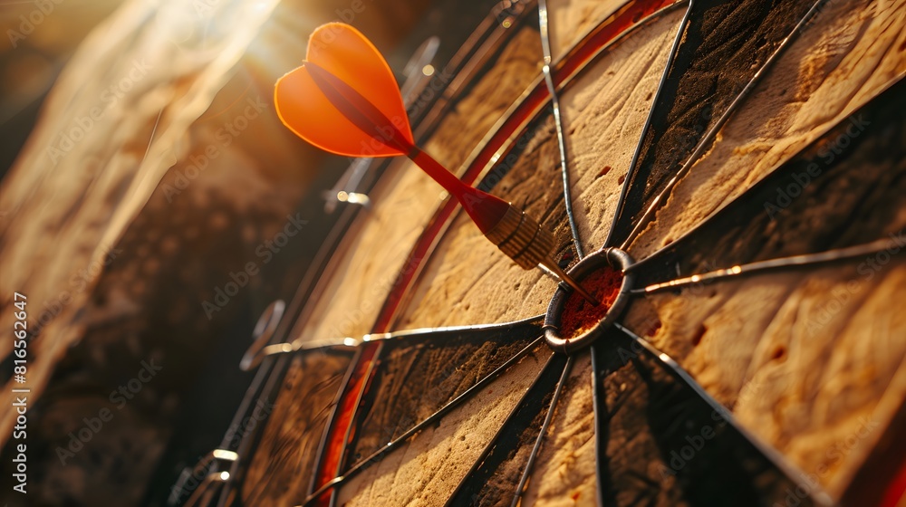 Poster bullseye target or dart board has red dart arrow throw hitting the center of a shooting for business