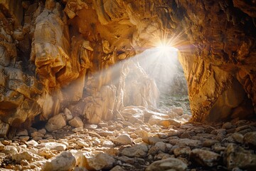 An empty tomb in a rocky cave with light rays streaming from within, symbolizing the resurrection of Jesus Christ on Easter. Central to Christianity, faith, and religion