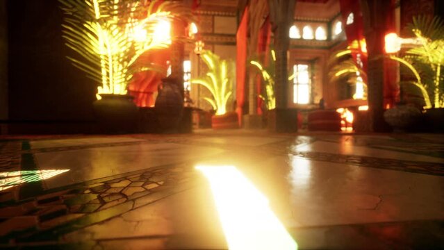 The warm glow of an opulent lobby in the evening, showcasing golden decorations and plush red seating.