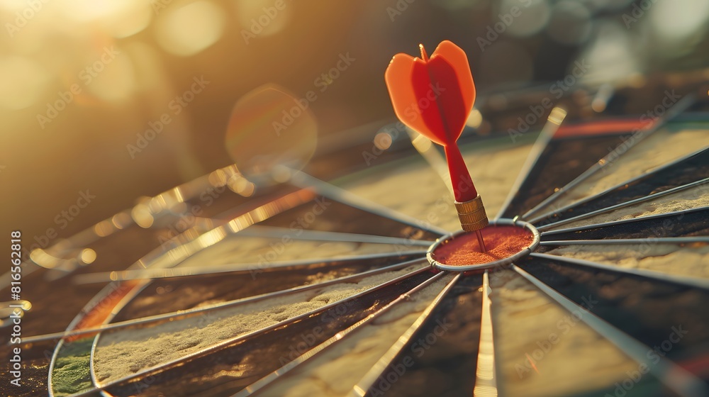 Poster bullseye target or dart board has red dart arrow throw hitting the center of a shooting for business