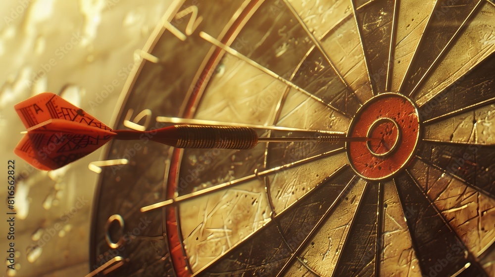 Poster bullseye target or dart board has red dart arrow throw hitting the center of a shooting for business