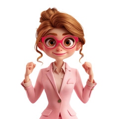 3d Illustration of business woman with arm flex and happy face. Wearing professional business suit and eyeglasses. Isolated on transparent background