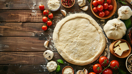 Composition with raw dough and ingredients for pizza