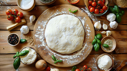 Composition with raw dough and ingredients for pizza